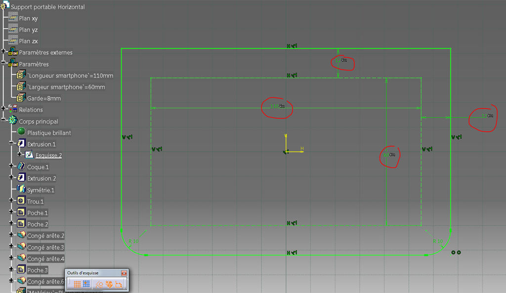 Catia V5 Support de chargement smartphone piece 2 extrusion 1