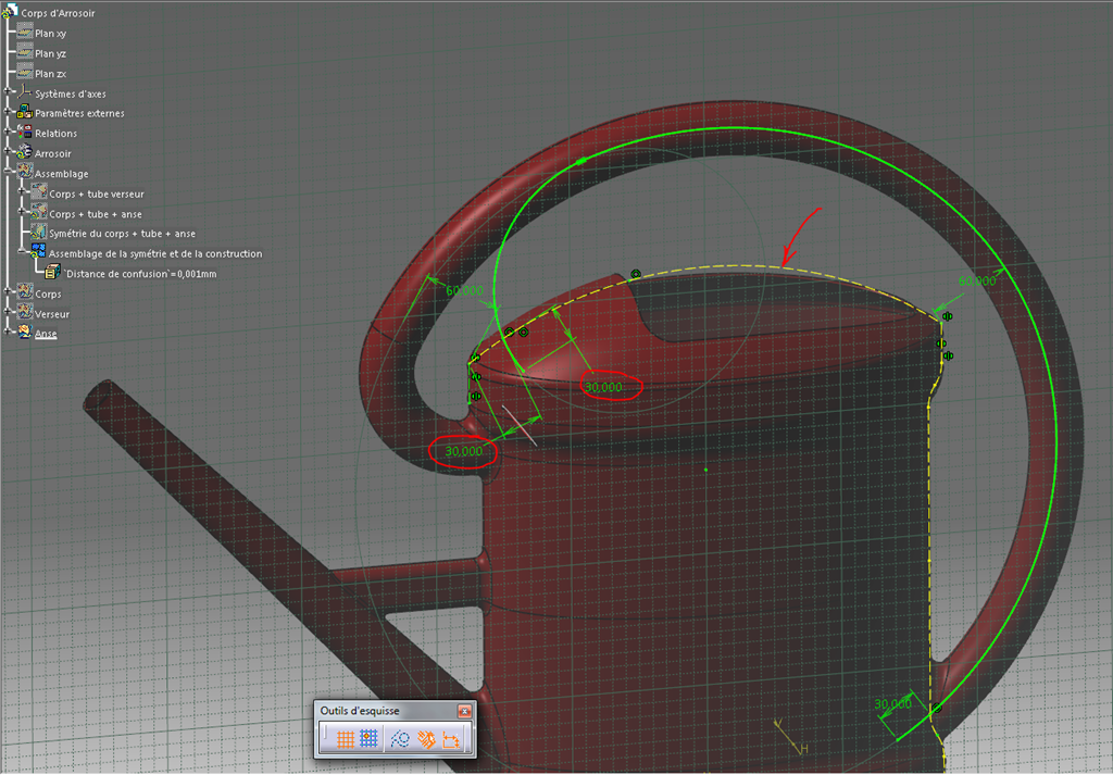 Catia V5 arrosoir retouche guide anse esquisse Catia V5 arrosoir retouche guide anse esquisse