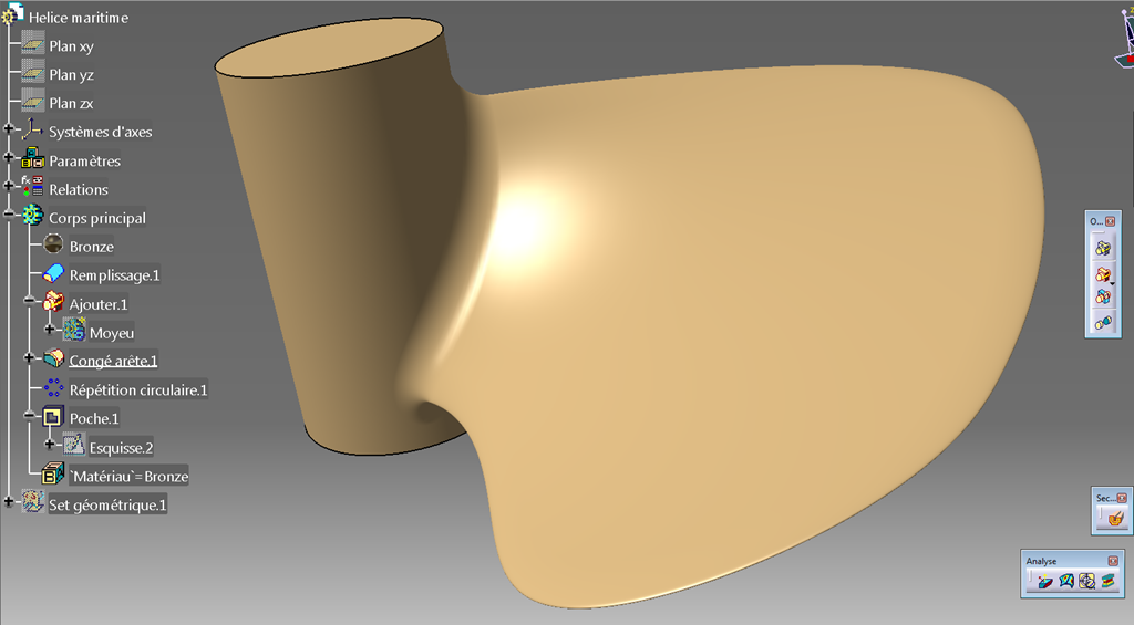 Catia V5 - Helice marine - pale remplissage solide raccordement moyeu Catia V5 - Helice marine - pale remplissage solide raccordement moyeu