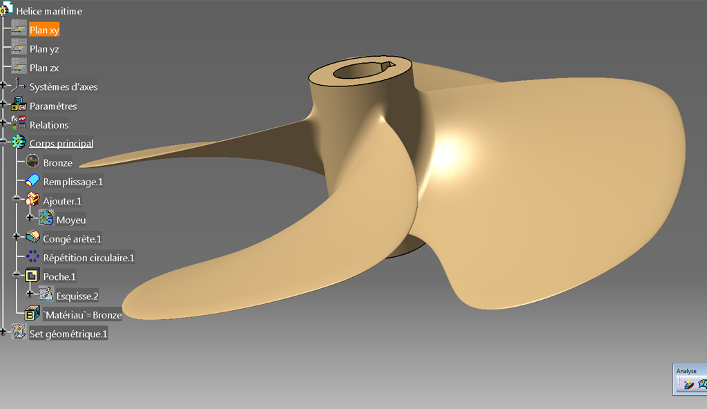 Catia V5 - Helice marine - pale remplissage solide raccordement moyeu répétition cyclique Catia V5 - Helice marine - pale remplissage solide raccordement moyeu répétition cyclique